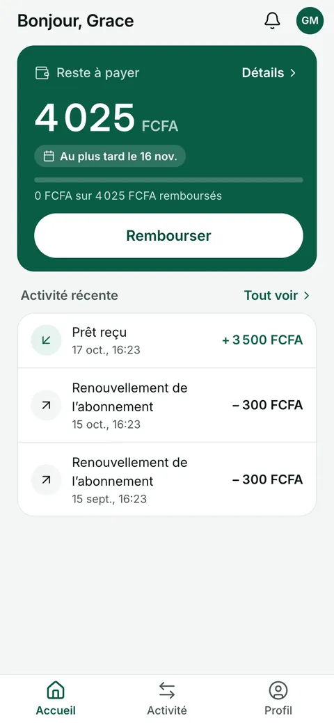 L’écran d’accueil de l’application Pretoh : le montant qui reste à payer, la date limite et le bouton Rembourser.